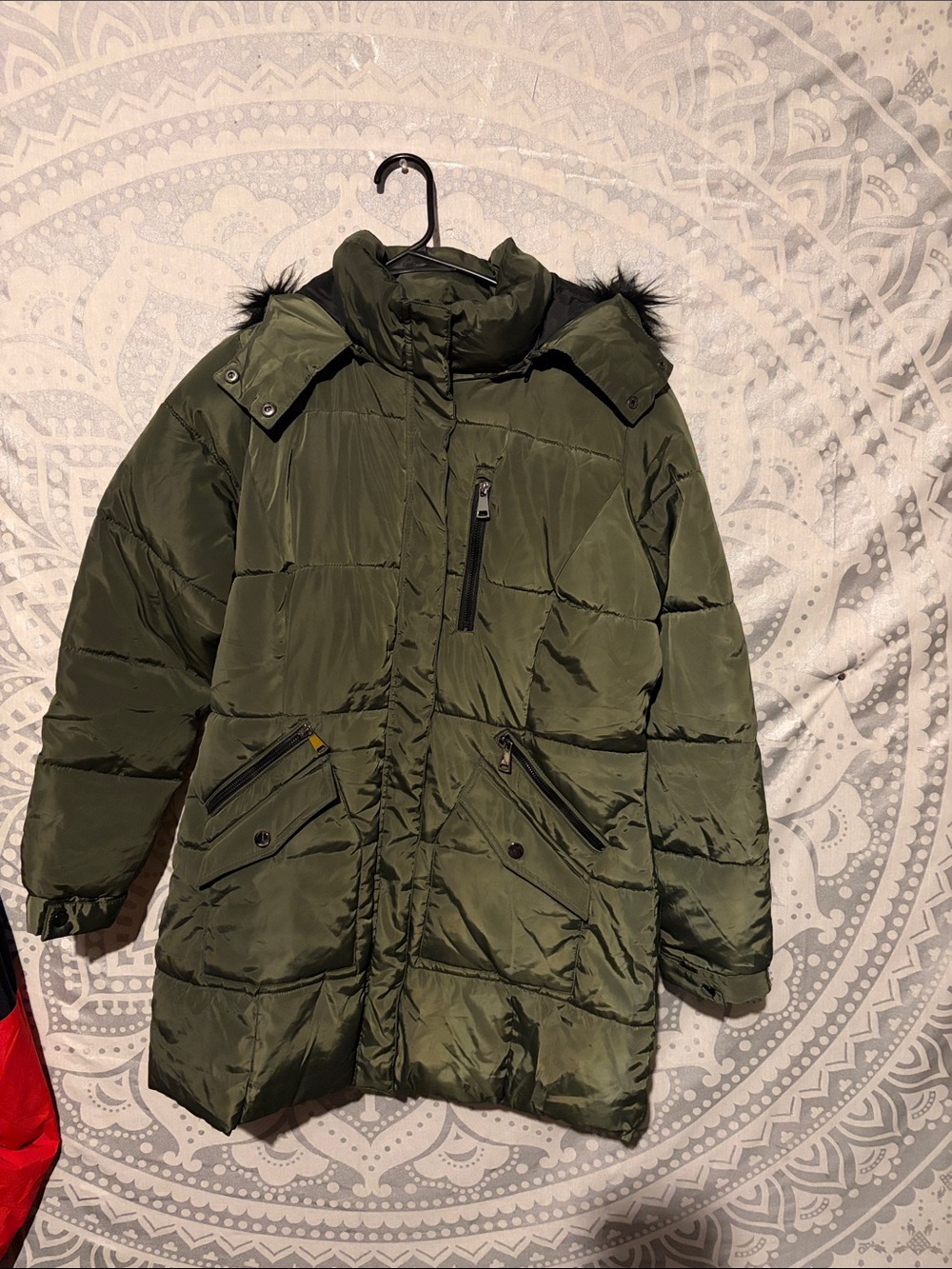 Sebby Collection Womens Medium Olive Green Puffer Coat Faux Fur Hooded Parka